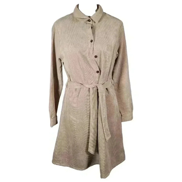 Love Crazy Corduroy Button Down Belted Long Sleeve Dress Tan Size M Winter Fall - Picture 2 of 11
